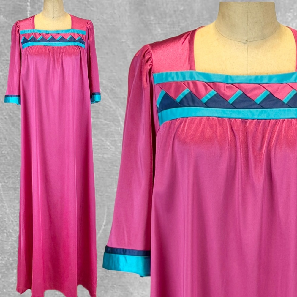 VINTAGE 80s hot pink silky long maxi nightgown short sleeve teal geometric wave